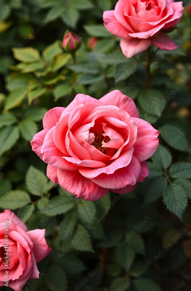 Pink rose blossoms in garden. Pink rose blossoms in garden.