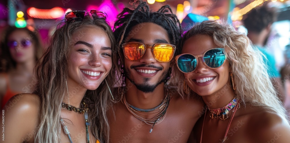 Three friends celebrate at a lively festival, wearing bright summer outfits and stylish sunglasses. Their smiles reflect the fun-filled atmosphere and enjoyment of the day. Three friends celebrate at a lively festival, wearing bright summer outfits and stylish sunglasses. Their smiles reflect the fun-filled atmosphere and enjoyment of the day.