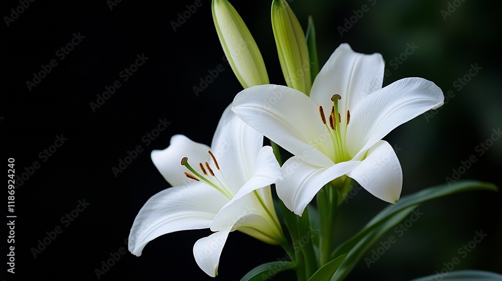 Fototapeta premium Elegant White Lilies in Bloom Against Dark Background Blossoms Symbolize Purity and Renewal : Generative AI