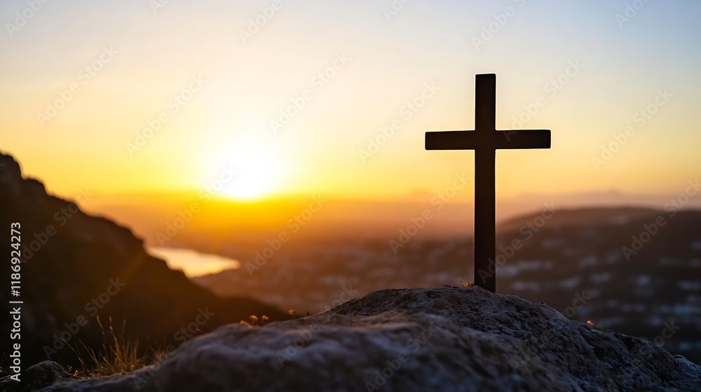 Silhouette of Cross Overlooking Sunrise on Hilltop : Generative AI Silhouette of Cross Overlooking Sunrise on Hilltop : Generative AI