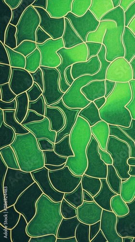 Colorful abstract design featuring various shades of green and outlined shapes in a harmonious mosaic pattern inspired by nature's beauty
