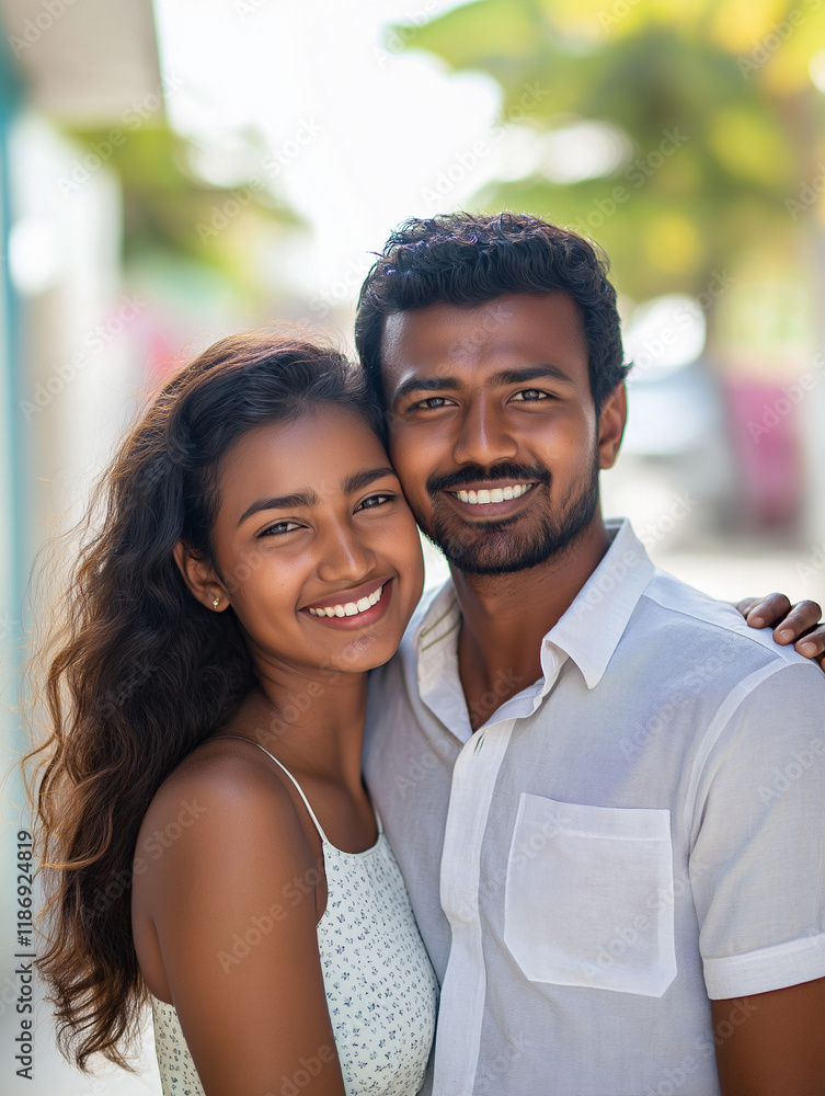 Fototapeta premium Smiling Young Couple Embracing Outdoors with Warm Expressions