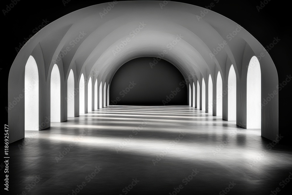 Obraz premium Contemporary architecture showcases an expansive hall with arched windows and dramatic lighting effects in a minimalist space