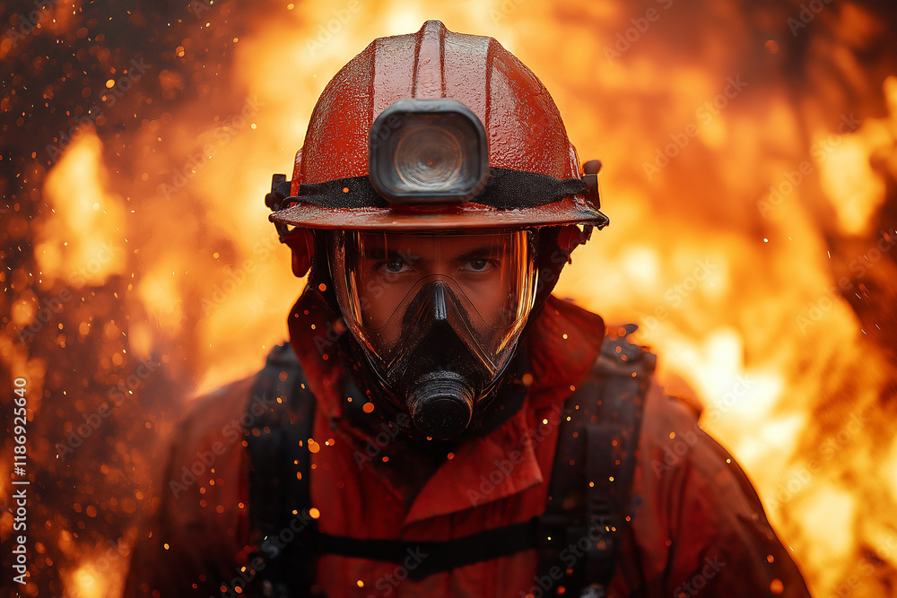 Firefighter in Action:  A courageous firefighter stands defiantly against a wall of flames, his determined gaze reflecting the bravery and resilience of those who battle blazes.