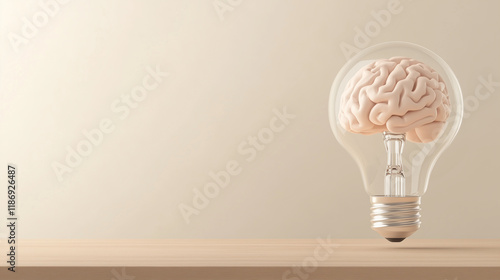 Conceptual representation of innovation with a brain inside a lightbulb on wooden tabletop against a simple background. Generative AI