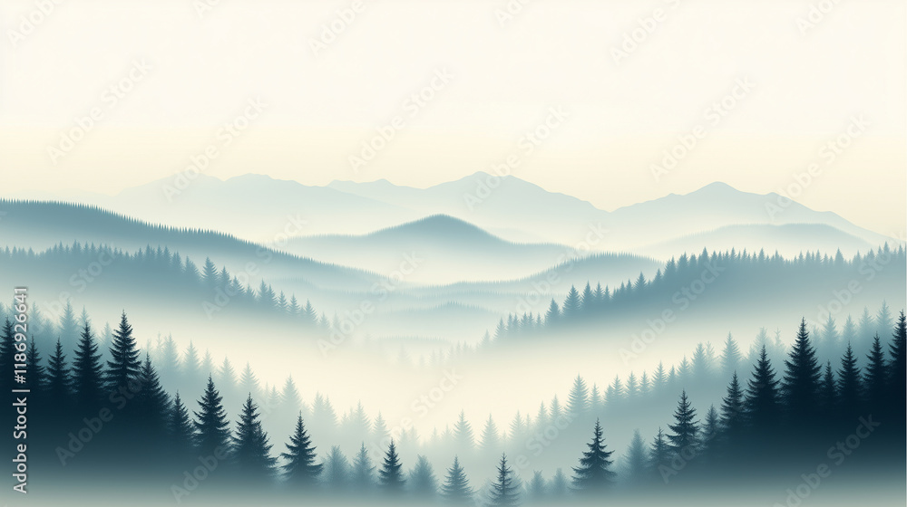 Layers of misty mountains and evergreen forests create a serene landscape at dawn. Generative AI Layers of misty mountains and evergreen forests create a serene landscape at dawn. Generative AI