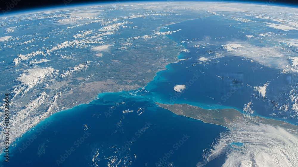 Fototapeta premium Earth's coastline from space; clouds, ocean, land. Travel, geography.