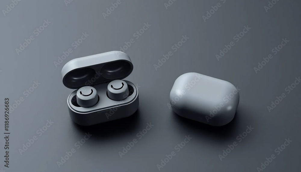 Wireless Earbuds in Charging Case Modern Minimalist Design Gray Tech Accessory Wireless Earbuds in Charging Case Modern Minimalist Design Gray Tech Accessory