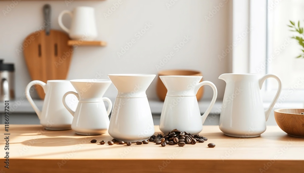 Stylish White Ceramic Coffee Pitchers and Drippers on Wooden Countertop with Coffee Beans Stylish White Ceramic Coffee Pitchers and Drippers on Wooden Countertop with Coffee Beans