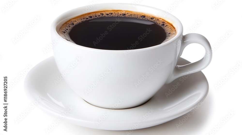 Classic white porcelain coffee cup filled with hot black coffee on saucer : Generative AI Classic white porcelain coffee cup filled with hot black coffee on saucer : Generative AI