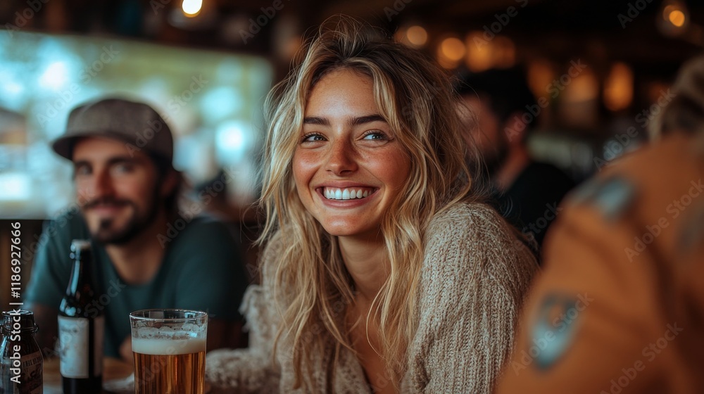 Friends are gathered in a vibrant bar, sharing laughter and drinks. A woman with a radiant smile enjoys the moment, surrounded by warm lighting and a cheerful atmosphere. Friends are gathered in a vibrant bar, sharing laughter and drinks. A woman with a radiant smile enjoys the moment, surrounded by warm lighting and a cheerful atmosphere.