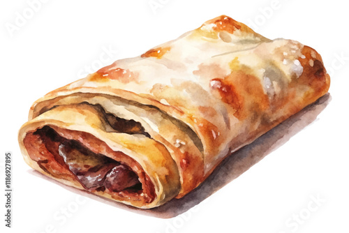 Watercolor pastry illustration, delicious baked goods, flaky crust, sweet filling, food art, culinary design.