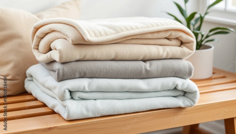 Soft Cozy Fleece Blankets Stacked on Wooden Bench Neutral Colors Home Decor Soft Cozy Fleece Blankets Stacked on Wooden Bench Neutral Colors Home Decor