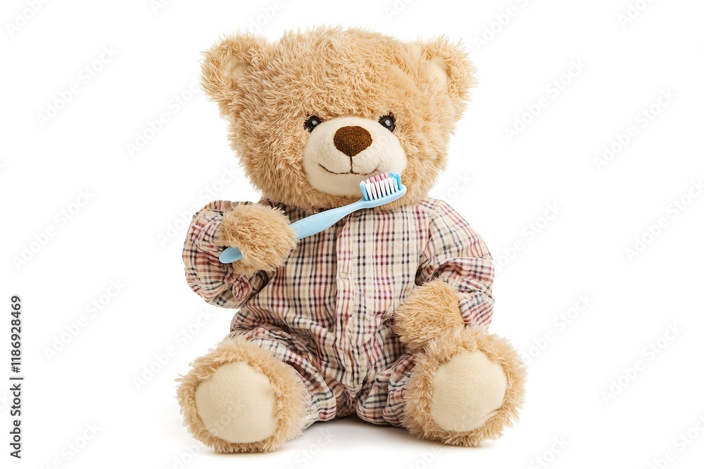 Obraz premium Adorable Teddy Bear in Pajamas Brushing Teeth, Cute Childrens Dental Hygiene Illustration, Soft Toy, White Background, Healthy Habits, Oral 