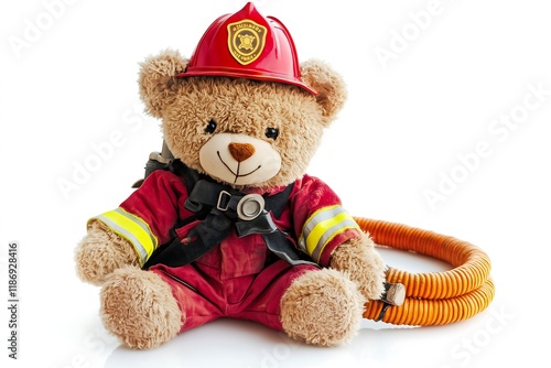 Adorable Teddy Bear Firefighter in Red Uniform with Helmet and Hose, Studio Shot against White Background. Perfect for Children's Book,      photo