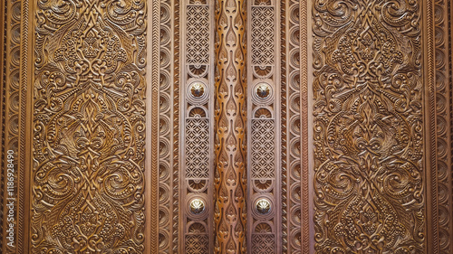 Oman, Sultan Qaboos Grand Mosque, a close-up of an intricately carved wooden door featuring elaborate and symmetrical patterns, showcasing exquisite craftsmanship and detailed artistry