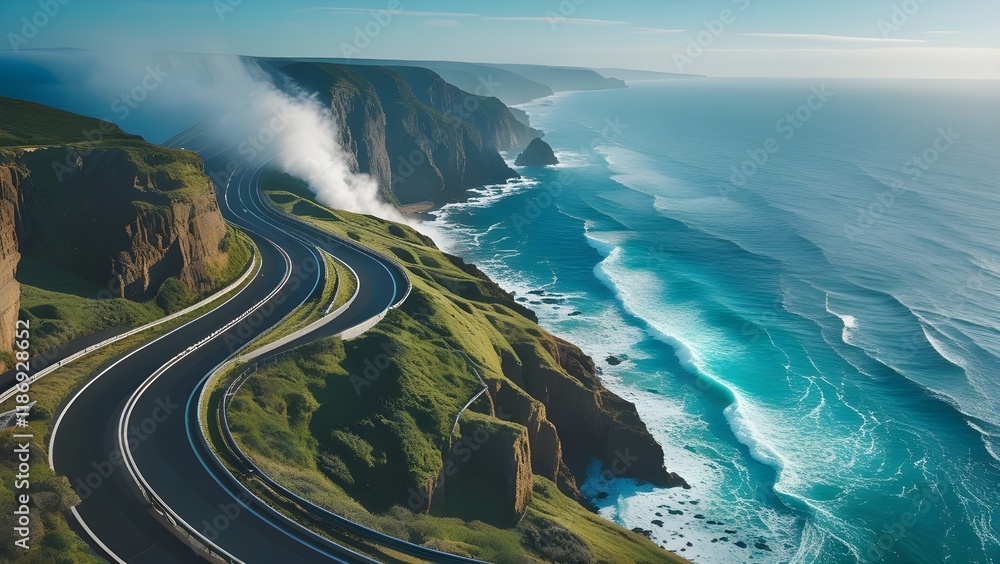 An overhead view of a winding coastal highway with waves crashing against the cliffs below An overhead view of a winding coastal highway with waves crashing against the cliffs below