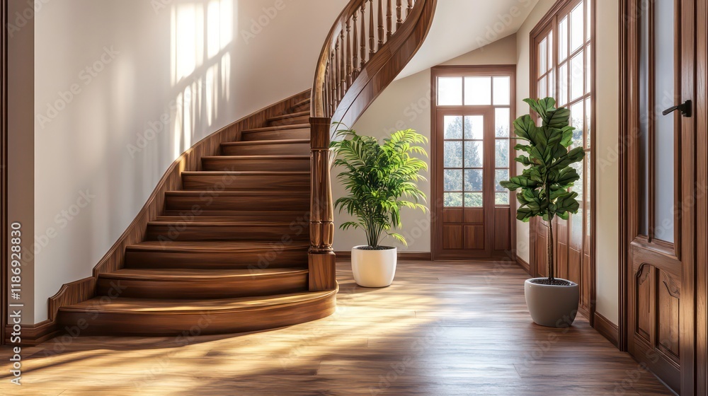 Fototapeta premium Interior of modern house, wooden staircase, view from the hallway