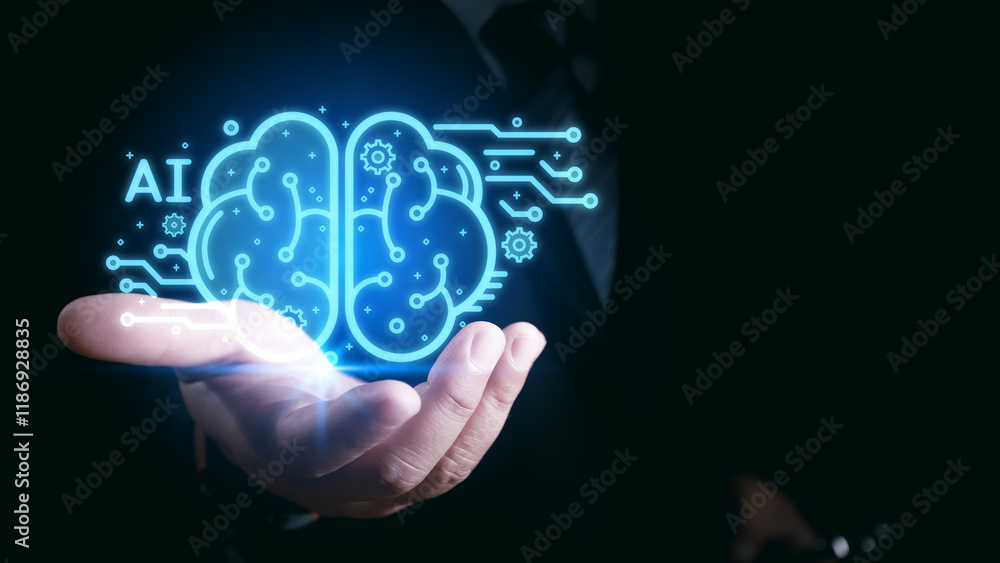 Businessman interact with AI artificial intelligence brain processor in concept of AI artificial intelligence engineering, big data and AI machine learning to use generative AI for business support. Businessman interact with AI artificial intelligence brain processor in concept of AI artificial intelligence engineering, big data and AI machine learning to use generative AI for business support.