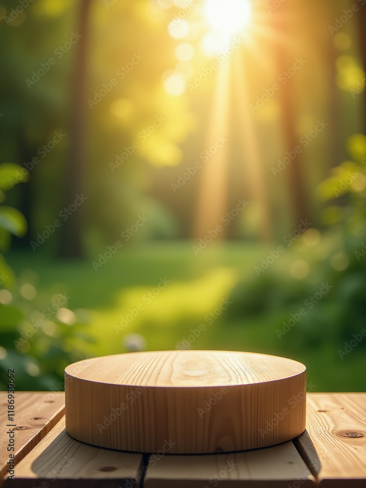 A Minimalist Wooden Podium Is Positioned In Front Of A Blurred Nature Background With Sun Rays Streaming Down On It. 00002 A Minimalist Wooden Podium Is Positioned In Front Of A Blurred Nature Background With Sun Rays Streaming Down On It. 00002