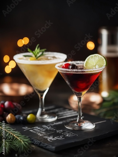 Wallpaper Mural A close-up of two festive cocktails, one garnished with rosemary and the other with a lime slice, set on a handwritten chalkboard menu with a glowing warm bokeh background Torontodigital.ca