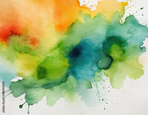 Abstract watercolor splash in orange, green, and blue hues on white paper