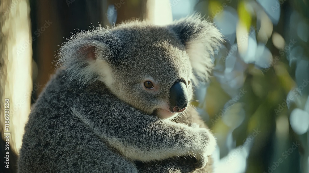 Naklejka premium Koala resting in eucalyptus tree, sunlight bokeh background, Australian wildlife.