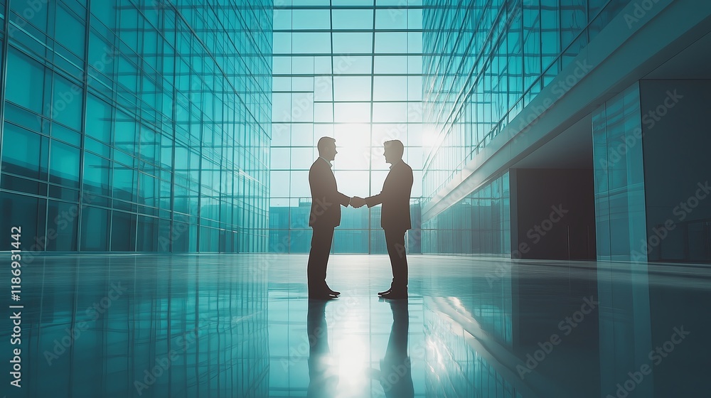 Two men shaking hands in a large room. One of the men is wearing a suit. The room is very large and has a lot of windows Two men shaking hands in a large room. One of the men is wearing a suit. The room is very large and has a lot of windows