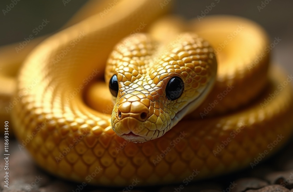 Close-up of a golden snake with intricate scales and glossy black eyes, coiled in a natural environment Close-up of a golden snake with intricate scales and glossy black eyes, coiled in a natural environment