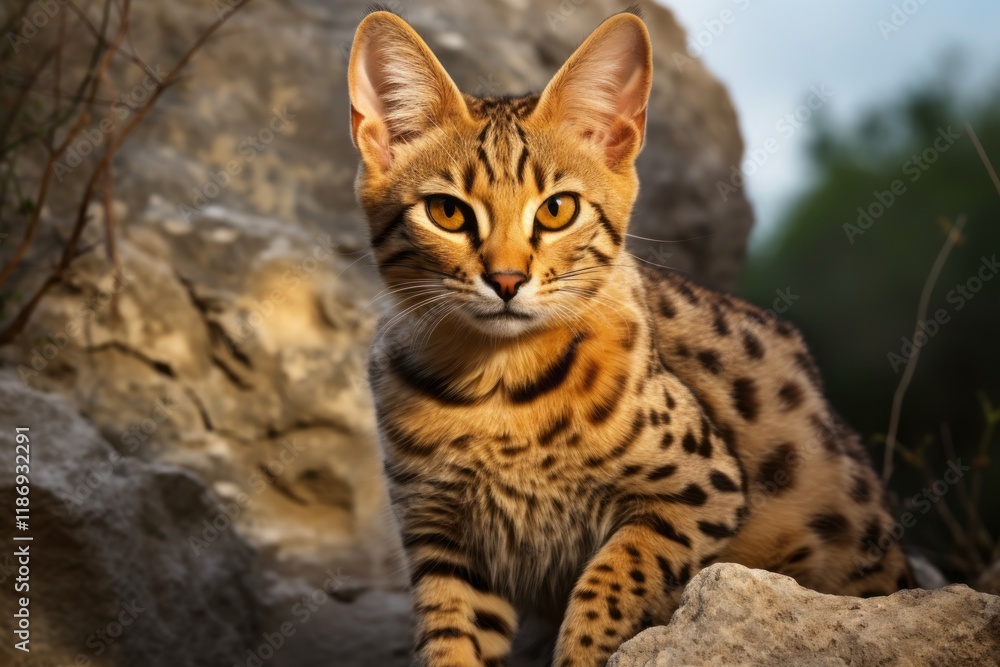 Obraz premium Portrait of a funny savannah cat while standing against rocky cliff background