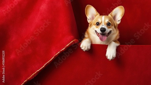 Playful Corgi Peeking from Red Velvet Box: Joyful Canine Portrait photo