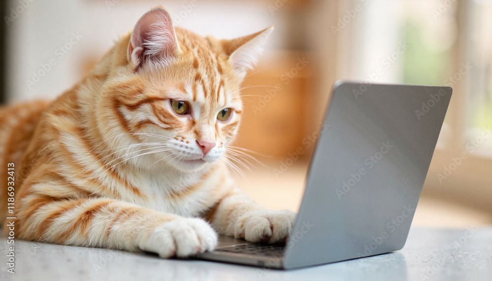 Curious cat pawing at laptop keyboard, exploration of technology Curious cat pawing at laptop keyboard, exploration of technology
