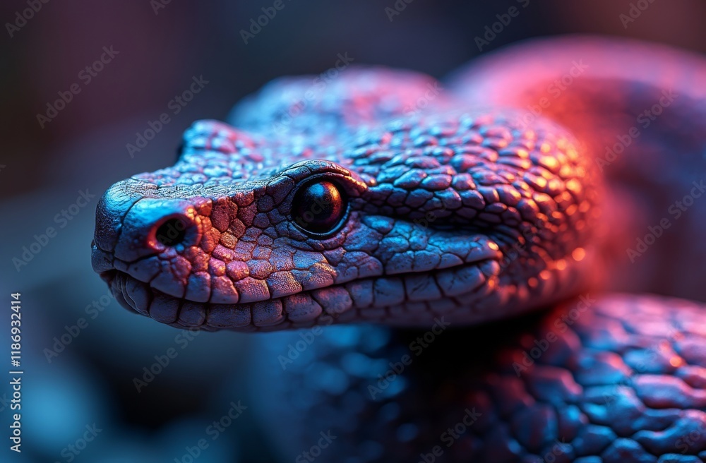 Fototapeta premium Close-up of a vibrant snake illuminated with vivid neon pink and blue lighting, showcasing intricate scale textures and a dramatic artistic look