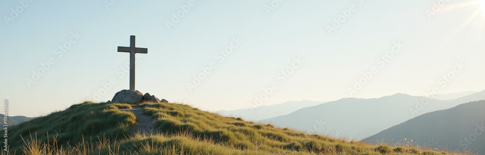 A Minimalist Christian Cross Is Painted On A Hillside, Providing A Simple Yet Striking Image With Plenty Of Copy Space. 00002 A Minimalist Christian Cross Is Painted On A Hillside, Providing A Simple Yet Striking Image With Plenty Of Copy Space. 00002