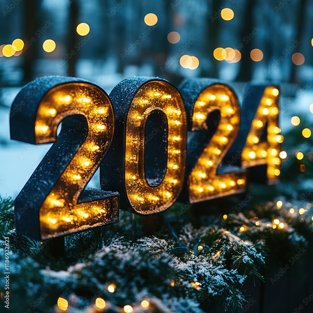 A festive display featuring illuminated numbers A festive display featuring illuminated numbers