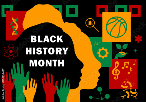 Black History Month. African-American history, heritage. Poster, greeting card, banner, background. African colors black, red, yellow, green. Black History Month