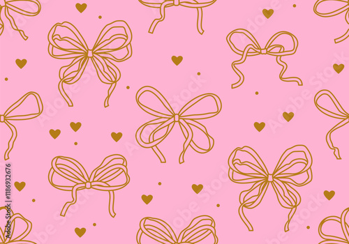 Seamless pattern with bows and heats. Trendy Romantic curly decorative vector pattern with bow, heart. Wavy background with bow. Vintage retro design for greeting card, wedding and birthday party