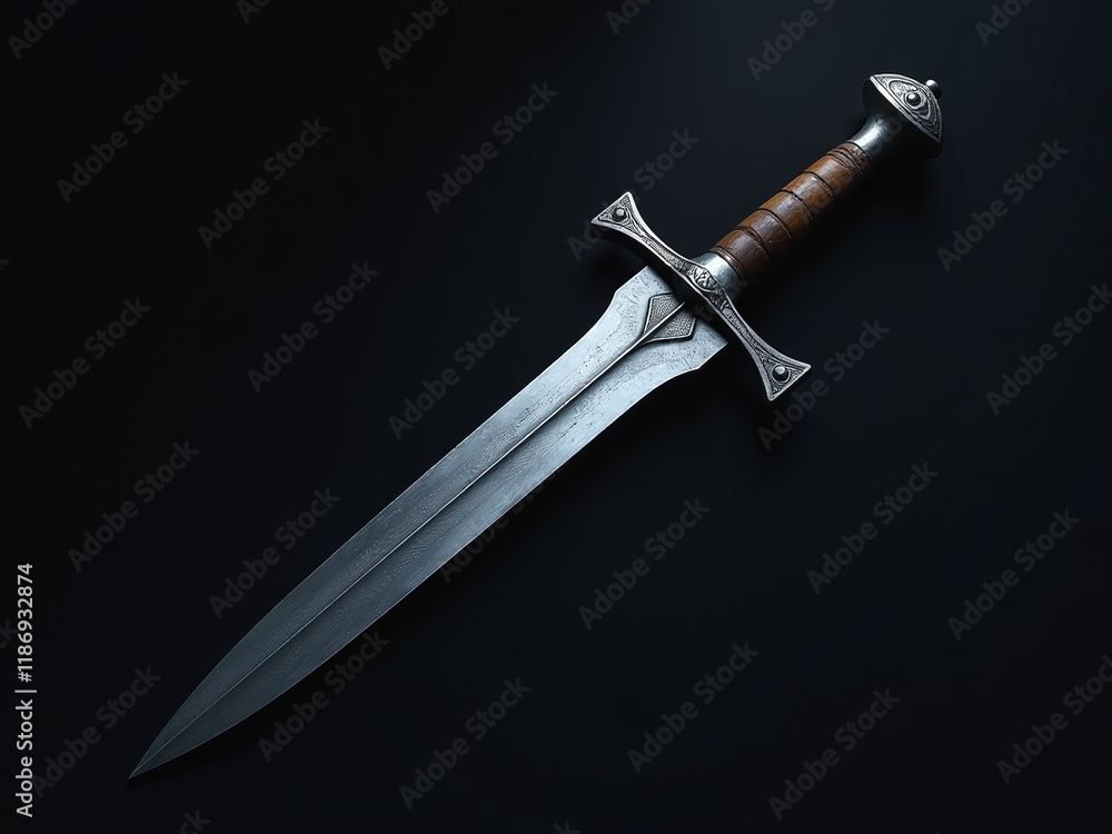 A Metallic Sword Rests Against A Dark Background, Its Sharp Edges And Subtle Nuances Starkly Contrasting With The Surrounding Shadows. 00003 A Metallic Sword Rests Against A Dark Background, Its Sharp Edges And Subtle Nuances Starkly Contrasting With The Surrounding Shadows. 00003