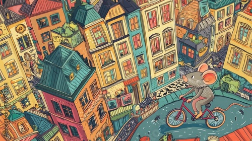Mouse cycling colorful city; aerial view; whimsical illustration; children's book.
