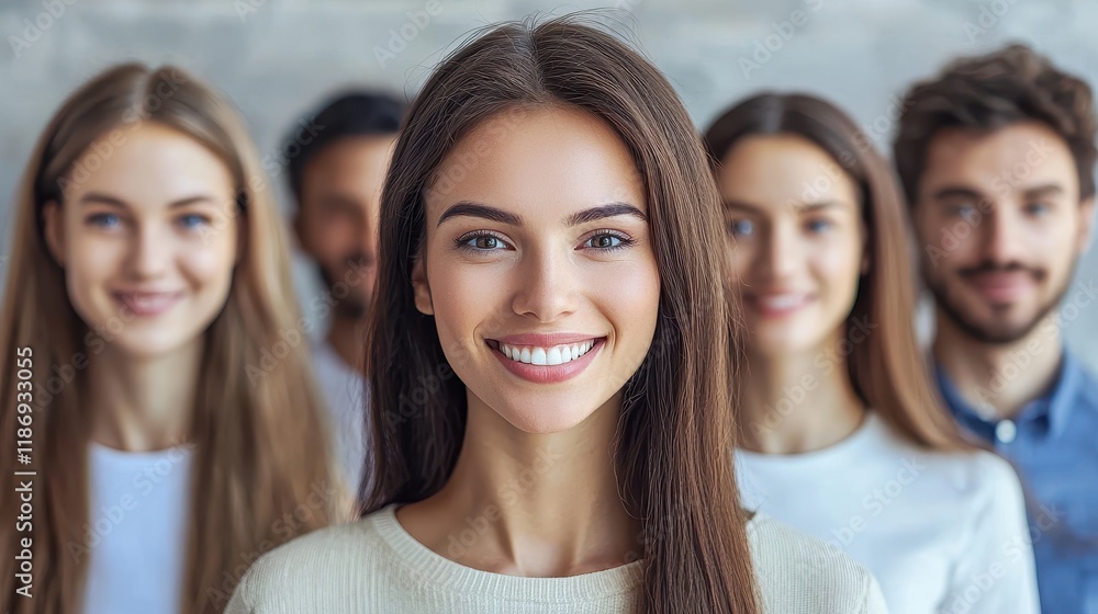 Obraz premium Smiling Young Woman in Front of Group of Friends with Soft Background and Natural Lighting