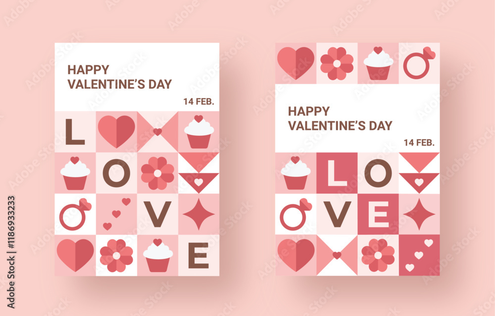 Valentine's Day cards display a pink and white grid with hearts, flowers, cupcakes, rings, stars, and Valentine's Day cards display a pink and white grid with hearts, flowers, cupcakes, rings, stars, and