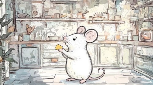Mouse holding cheese in rustic kitchen.