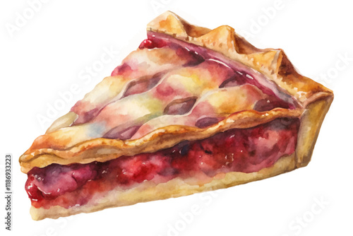 Watercolor pie slice, vibrant red filling, flaky crust, delicious dessert illustration, food art, culinary design.