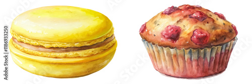 Yellow macaroon, fresh muffin, watercolor illustration, dessert art, sweet treats, bakery design, food styling.