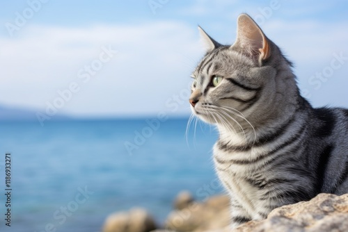 Portrait of a cute american shorthair cat in front of serene seaside background photo