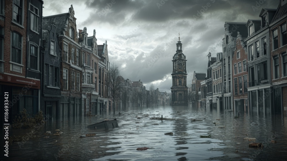 Fototapeta premium Flooded streets in a historical city with submerged architecture and overcast skies.