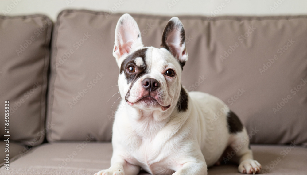 Curious French bulldog tilting head on couch, playful companionship