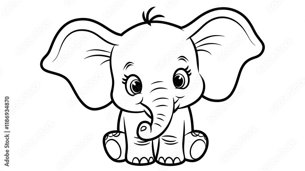 Fototapeta premium Adorable black-and-white line art of a baby elephant sitting on the ground, perfect as a coloring page for kids, printable activity, or educational art