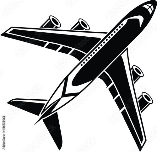 Stylized black and white vector illustration of a passenger airplane, viewed from above with four engines visible, isolated on a white background.