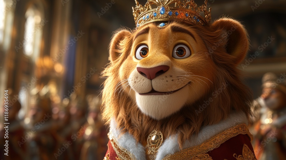 Regal Lion Character with Crown and Majestic Expression in a Royal Setting, Symbolizing Leadership and Nobility in Animated Film Style Regal Lion Character with Crown and Majestic Expression in a Royal Setting, Symbolizing Leadership and Nobility in Animated Film Style